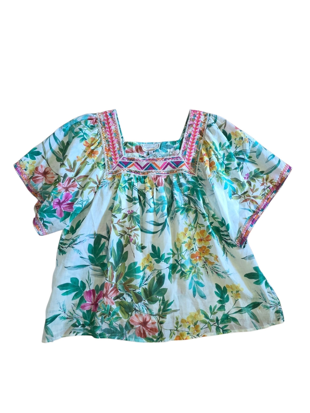Johnny Was Workshop Pula Embroidered Square Neck Top Floral Vibrant Size L